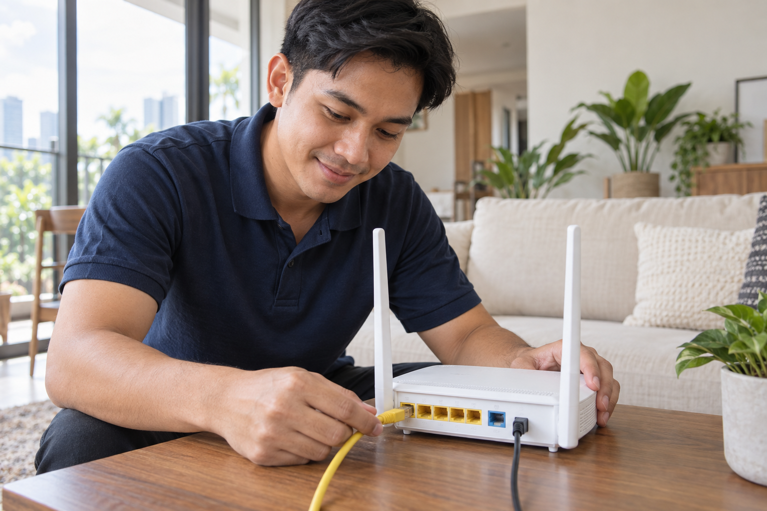 Juruteknik memeriksa router di rumah